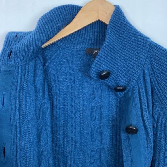 J.Crew S Teal Cardigan Cable Knit Faux Leather Buttons Lambs Wool - Picture 4 of 16